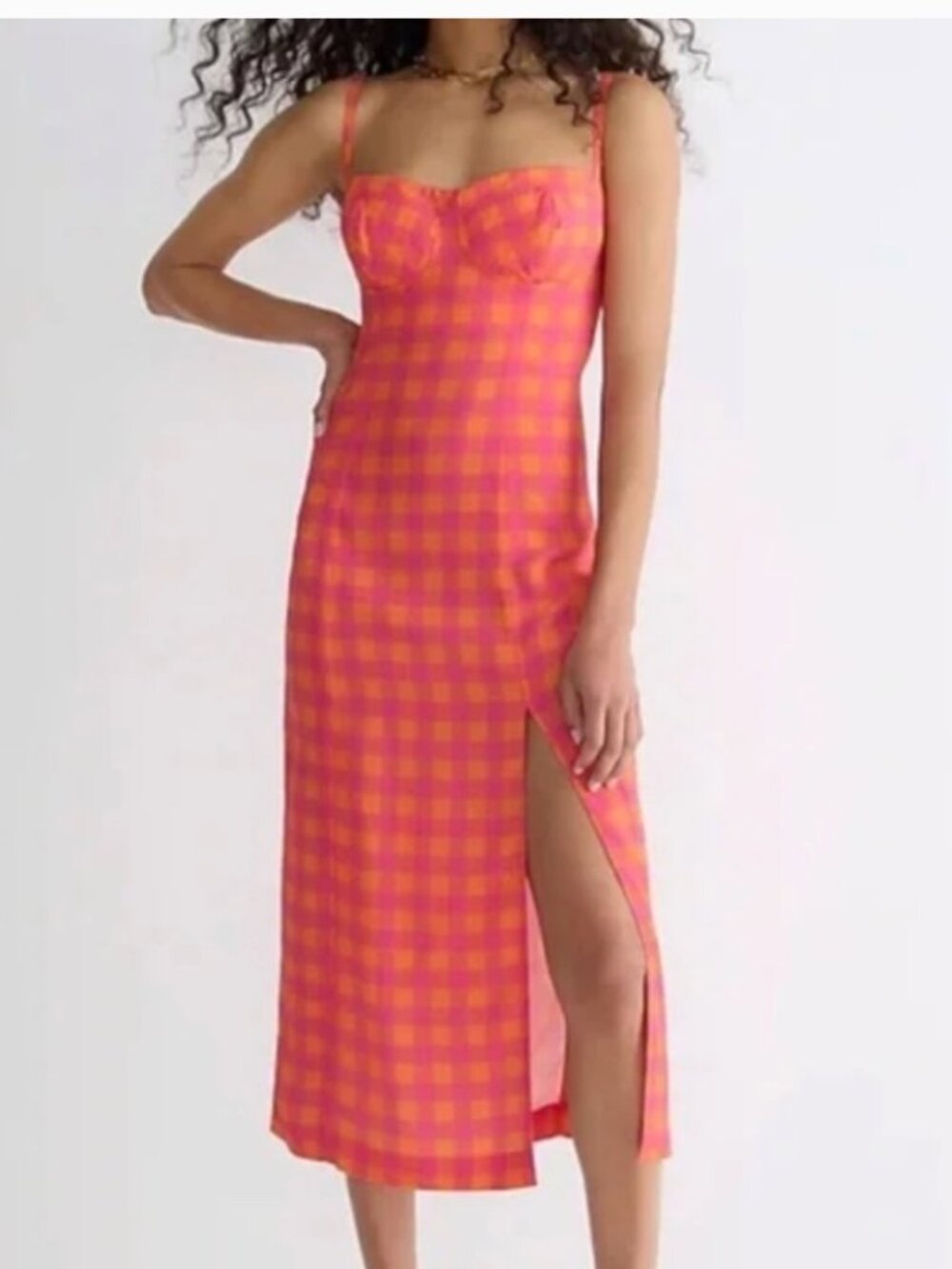 J. CREW Collection Invite Dress in Gingham Size 2 Vibrant Orange and Pink Midi